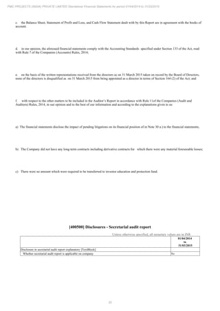 35
PMC PROJECTS (INDIA) PRIVATE LIMITED Standalone Financial Statements for period 01/04/2014 to 31/03/2015
c. the Balance Sheet, Statement of Profit and Loss, and Cash Flow Statement dealt with by this Report are in agreement with the books of
account.
d. in our opinion, the aforesaid financial statements comply with the Accounting Standards specified under Section 133 of the Act, read
with Rule 7 of the Companies (Accounts) Rules, 2014;
e. on the basis of the written representations received from the directors as on 31 March 2015 taken on record by the Board of Directors,
none of the directors is disqualified as on 31 March 2015 from being appointed as a director in terms of Section 164 (2) of the Act; and
f. with respect to the other matters to be included in the Auditor’s Report in accordance with Rule 11of the Companies (Audit and
Auditors) Rules, 2014, in our opinion and to the best of our information and according to the explanations given to us:
a) The financial statements disclose the impact of pending litigations on its financial position of in Note 30 a.) to the financial statements;
b) The Company did not have any long-term contracts including derivative contracts for which there were any material foreseeable losses;
c) There were no amount which were required to be transferred to investor education and protection fund.
[400500] Disclosures - Secretarial audit report
Unless otherwise specified, all monetary values are in INR
01/04/2014
to
31/03/2015
Disclosure in secretarial audit report explanatory [TextBlock]
Whether secretarial audit report is applicable on company No
 