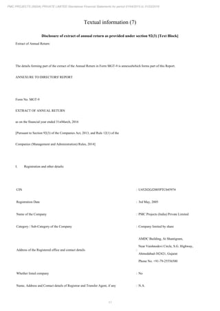 11
PMC PROJECTS (INDIA) PRIVATE LIMITED Standalone Financial Statements for period 01/04/2015 to 31/03/2016
Textual information (7)
Disclosure of extract of annual return as provided under section 92(3) [Text Block]
Extract of Annual Return:
The details forming part of the extract of the Annual Return in Form MGT-9 is annexedwhich forms part of this Report.
ANNEXURE TO DIRECTORS' REPORT
Form No. MGT-9
EXTRACT OF ANNUAL RETURN
as on the financial year ended 31stMarch, 2016
[Pursuant to Section 92(3) of the Companies Act, 2013, and Rule 12(1) of the
Companies (Management and Administration) Rules, 2014]
I. Registration and other details:
CIN : U45202GJ2005PTC045974
Registration Date : 3rd May, 2005
Name of the Company : PMC Projects (India) Private Limited
Category / Sub-Category of the Company : Company limited by share
Address of the Registered office and contact details :
AMDC Building, At Shantigram,
Near Vaishnodevi Circle, S.G. Highway,
Ahmedabad-382421, Gujarat
Phone No. +91-79-25556500
Whether listed company : No
Name, Address and Contact details of Registrar and Transfer Agent, if any : N.A.
 