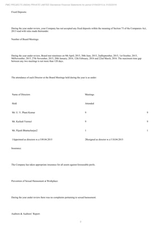 8
PMC PROJECTS (INDIA) PRIVATE LIMITED Standalone Financial Statements for period 01/04/2015 to 31/03/2016
Fixed Deposits:
During the year under review, your Company has not accepted any fixed deposits within the meaning of Section 73 of the Companies Act,
2013 read with rules made thereunder.
Number of Board Meetings:
During the year under review, Board met ninetimes on 9th April, 2015, 30th June, 2015, 2ndSeptember, 2015, 1st October, 2015,
9thNovember, 2015, 27th November, 2015, 20th January, 2016, 12th February, 2016 and 22nd March, 2016. The maximum time gap
between any two meetings is not more than 120 days.
The attendance of each Director at the Board Meetings held during the year is as under:
Name of Directors Meetings
Held Attended
Mr. U. V. Phani Kumar 9 9
Mr. Kailash Varma1 9 9
Mr. Pijush Bhattacharjee2 1 1
1Appointed as directors w.e.f 09.04.2015 2Resigned as director w.e.f 10.04.2015
Insurance:
The Company has taken appropriate insurance for all assets against foreseeable perils.
Prevention of Sexual Harassment at Workplace:
During the year under review there was no complaints pertaining to sexual harassment.
Auditors & Auditors’ Report:
 