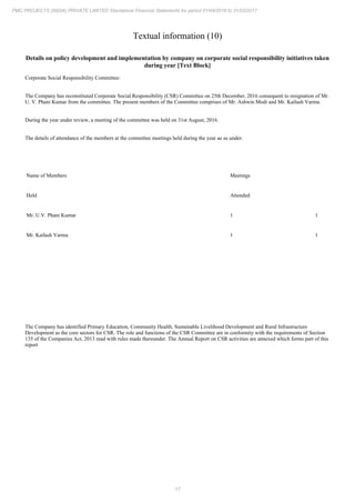 17
PMC PROJECTS (INDIA) PRIVATE LIMITED Standalone Financial Statements for period 01/04/2016 to 31/03/2017
Textual information (10)
Details on policy development and implementation by company on corporate social responsibility initiatives taken
during year [Text Block]
Corporate Social Responsibility Committee:
The Company has reconstituted Corporate Social Responsibility (CSR) Committee on 25th December, 2016 consequent to resignation of Mr.
U. V. Phani Kumar from the committee. The present members of the Committee comprises of Mr. Ashwin Modi and Mr. Kailash Varma.
During the year under review, a meeting of the committee was held on 31st August, 2016.
The details of attendance of the members at the committee meetings held during the year ae as under:
Name of Members Meetings
Held Attended
Mr. U.V. Phani Kumar 1 1
Mr. Kailash Varma 1 1
The Company has identified Primary Education, Community Health, Sustainable Livelihood Development and Rural Infrastructure
Development as the core sectors for CSR. The role and functions of the CSR Committee are in conformity with the requirements of Section
135 of the Companies Act, 2013 read with rules made thereunder. The Annual Report on CSR activities are annexed which forms part of this
report
 