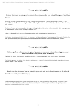 19
PMC PROJECTS (INDIA) PRIVATE LIMITED Standalone Financial Statements for period 01/04/2016 to 31/03/2017
Textual information (12)
Details of directors or key managerial personnels who were appointed or have resigned during year [Text Block]
Directors:
During the year under review Mr. Ashwin Modi (DIN: 07605305) was appointed as an Additional Director of the Company w.e.f 31st
August, 2016 to hold office upto the ensuing Annual General Meeting. Board welcomes him and looks forward to his valued contribution to
your Company.
The Board of Directors at its meeting held on 31st August, 2016 appointed Mr. Ashwin Modi as Director who is in whole-time employment
of the Company for a period of three years w.e.f 31st August, 2016.
Mr. U. V. Phani Kumar (DIN: 02492898) resigned as the director of the company w.e.f. 1st September, 2016.
Mr. Swadesh Narain Mathura (DIN: 07554009) was appointed as an Additional Director of the Company w.e.f 31st July, 2017 to hold office
upto the ensuing Annual General Meeting. Board welcomes him and looks forward to his valued contribution to your Company
Textual information (13)
Details of significant and material orders passed by regulators or courts or tribunals impacting going concern
status and company’s operations in future [Text Block]
Significant and material orders passed by the regulators or courts or tribunals impacting the going concern status of the Company:
There are no significant and material orders passed by the Regulators or Courts or Tribunals which would impact the going concern status
and the Company’s future operations
Textual information (14)
Details regarding adequacy of internal financial controls with reference to financial statements [Text Block]
Internal financial control systems and their adequacy:
The Company has an internal control system, commensurate with the size, scale and complexity of its operations. The Internal Auditor
monitors and evaluates the efficacy and adequacy of internal control system in the Company, its compliance with operating systems,
accounting procedures and policies of the Company
 