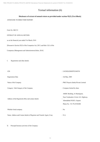 13
PMC PROJECTS (INDIA) PRIVATE LIMITED Standalone Financial Statements for period 01/04/2017 to 31/03/2018
Textual information (6)
Disclosure of extract of annual return as provided under section 92(3) [Text Block]
ANNEXURE TO DIRECTORS' REPORT
Form No. MGT-9
EXTRACT OF ANNUAL RETURN
as on the financial year ended 31st March, 2018
[Pursuant to Section 92(3) of the Companies Act, 2013, and Rule 12(1) of the
Companies (Management and Administration) Rules, 2014]
I. Registration and other details:
CIN : U45202GJ2005PTC045974
Registration Date : 3rd May, 2005
Name of the Company : PMC Projects (India) Private Limited
Category / Sub-Category of the Company : Company limited by share
Address of the Registered office and contact details :
AMDC Building, At Shantigram,
Near Vaishnodevi Circle, S.G. Highway,
Ahmedabad-382421, Gujarat
Phone No. +91-79-25556500
Whether listed company : No
Name, Address and Contact details of Registrar and Transfer Agent, if any : N.A.
II. Principal business activities of the Company:
 