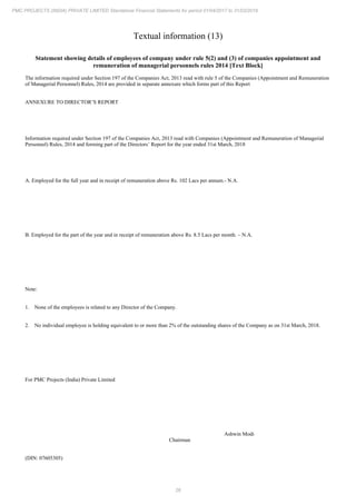 26
PMC PROJECTS (INDIA) PRIVATE LIMITED Standalone Financial Statements for period 01/04/2017 to 31/03/2018
Textual information (13)
Statement showing details of employees of company under rule 5(2) and (3) of companies appointment and
remuneration of managerial personnels rules 2014 [Text Block]
The information required under Section 197 of the Companies Act, 2013 read with rule 5 of the Companies (Appointment and Remuneration
of Managerial Personnel) Rules, 2014 are provided in separate annexure which forms part of this Report
ANNEXURE TO DIRECTOR’S REPORT
Information required under Section 197 of the Companies Act, 2013 read with Companies (Appointment and Remuneration of Managerial
Personnel) Rules, 2014 and forming part of the Directors’ Report for the year ended 31st March, 2018
A. Employed for the full year and in receipt of remuneration above Rs. 102 Lacs per annum.- N.A.
B. Employed for the part of the year and in receipt of remuneration above Rs. 8.5 Lacs per month. – N.A.
Note:
1. None of the employees is related to any Director of the Company.
2. No individual employee is holding equivalent to or more than 2% of the outstanding shares of the Company as on 31st March, 2018.
For PMC Projects (India) Private Limited
Ashwin Modi
Chairman
(DIN: 07605305)
 