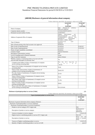 PMC PROJECTS (INDIA) PRIVATE LIMITED
Standalone Financial Statements for period 01/04/2018 to 31/03/2019
[400100] Disclosure of general information about company
Unless otherwise specified, all monetary values are in INR
01/04/2018
to
31/03/2019
01/04/2017
to
31/03/2018
Name of company
PMC PROJECTS (INDIA)
PRIVATE LIMITED
Corporate identity number U45202GJ2005PTC045974
Permanent account number of entity AADCP5841L
Address of registered office of company
AMDC BUILDING, AT
SHANTIGRAM , NEAR
VAISHNODEVI CIRCLE, S.G.
HIGHWAY, , Ahmedabad ,
GUJARAT , INDIA - 382421
Type of industry
C o m m e r c i a l a n d
Industrial
Date of board meeting when final accounts were approved 05/08/2019
Date of start of reporting period 01/04/2018 01/04/2017
Date of end of reporting period 31/03/2019 31/03/2018
Nature of report standalone consolidated Standalone
Content of report Financial Statements
Description of presentation currency INR
Level of rounding used in financial statements Actual
Type of cash flow statement Indirect Method
Whether company is maintaining books of account and other
relevant books and papers in electronic form
Yes
Complete postal address of place of maintenance of computer
servers (storing accounting data)
Plot No. B-7, Sec-132, N
o i d a , U P
- 201301
Name of city of place of maintenance of computer servers (storing
accounting data)
Noida
Name of state/ union territory of place of maintenance of
computer servers (storing accounting data)
Noida (UP)
Pin code of place of maintenance of computer servers (storing
accounting data)
201301
Name of district of place of maintenance of computer servers
(storing accounting data)
Noida
ISO country code of place of maintenance of computer servers
(storing accounting data)
91 (IN)
Name of country of place of maintenance of computer servers
(storing accounting data)
INDIA
Phone (with STD/ ISD code) of place of maintenance of computer
servers (storing accounting data) 079-25555650
Disclosure of principal product or services [Table] ..(1)
Unless otherwise specified, all monetary values are in INR
Types of principal product or services [Axis] 1
01/04/2018
to
31/03/2019
Disclosure of general information about company [Abstract]
Disclosure of principal product or services [Abstract]
Disclosure of principal product or services [LineItems]
Product or service category (ITC 4 digit) code 9961
Description of product or service category
WHOLESALE
T R A D E
SERVICES
Turnover of product or service category 12,98,95,470
Highest turnover contributing product or service (ITC 8 digit) code 99611929
Description of product or service
Metal ores and
metals in primary
forms
Turnover of highest contributing product or service 12,98,95,470
Quantity of highest contributing product or service in UoM [pure] 0
 