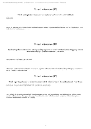 28
PMC PROJECTS (INDIA) PRIVATE LIMITED Standalone Financial Statements for period 01/04/2018 to 31/03/2019
Textual information (13)
Details relating to deposits covered under chapter v of companies act [Text Block]
DEPOSITS:
During the year under review, your Company has not accepted any deposits within the meaning of Section 73 of the Companies Act, 2013
read with rules made thereunder.
Textual information (14)
Details of significant and material orders passed by regulators or courts or tribunals impacting going concern
status and company’s operations in future [Text Block]
SIGNIFICANT AND MATERIAL ORDERS:
There are no significant and material orders passed by the Regulators or Courts or Tribunals which would impact the going concern status
and the Company’s future operations
Textual information (15)
Details regarding adequacy of internal financial controls with reference to financial statements [Text Block]
INTERNAL FINANCIAL CONTROL SYSTEMS AND THEIR ADEQUACY:
The Company has an internal control system, commensurate with the size, scale and complexity of its operations. The Internal Auditor
monitors and evaluates the efficacy and adequacy of internal control system in the Company, its compliance with operating systems,
accounting procedures and policies of the Company
 