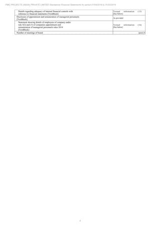 4
PMC PROJECTS (INDIA) PRIVATE LIMITED Standalone Financial Statements for period 01/04/2018 to 31/03/2019
Details regarding adequacy of internal financial controls with
reference to financial statements [TextBlock]
Textual information (15)
[See below]
Disclosure of appointment and remuneration of managerial personnels
[TextBlock]
As provided
Statement showing details of employees of company under
rule 5(2) and (3) of companies appointment and
remuneration of managerial personnels rules 2014
[TextBlock]
Textual information (16)
[See below]
Number of meetings of board [pure] 6
 