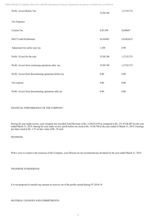 6
PMC PROJECTS (INDIA) PRIVATE LIMITED Standalone Financial Statements for period 01/04/2018 to 31/03/2019
Profit / (Loss) Before Tax
35,98,740
1,27,93,733
Tax Expenses
Current Tax 6,92,398 26,08667
MAT Credit Entitlement (6,93648) (26,08,667)
Adjustment for earlier year tax 1,250 0.00
Profit / (Loss) for the year 35,98,740 1,27,93,733
Profit / (Loss) from continuing operations after tax 35,98,740 1,27,93,733
Profit / (Loss) from discontinuing operations before tax 0.00 0.00
Tax expense 0.00 0.00
Profit / (Loss) from discontinuing operations after tax 0.00 0.00
FINANCIAL PERFORMANCE OF THE COMPANY:
During the year under review, your company has recorded Total Revenue of Rs. 12,98,95,470 as compared to Rs. 151,07,08,485 for the year
ended March 31, 2019. During the year under review, profit before tax stood at Rs. 35,98,740 at the year ended of March 31, 2018. Earnings
per share stood at Rs. 1.27 on face value of Rs. 10 each.
DIVIDEND:
With a view to conserve the resources of the Company, your Director do not recommend any dividend for the year ended March 31, 2019.
TRANSFER TO RESERVES:
It is not proposed to transfer any amount to reserves out of the profits earned during FY.2018-19.
MATERIAL CHANGES AND COMMITMENTS:
 