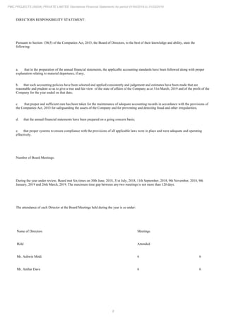 8
PMC PROJECTS (INDIA) PRIVATE LIMITED Standalone Financial Statements for period 01/04/2018 to 31/03/2019
DIRECTORS RESPONSIBILITY STATEMENT:
Pursuant to Section 134(5) of the Companies Act, 2013, the Board of Directors, to the best of their knowledge and ability, state the
following:
a. that in the preparation of the annual financial statements, the applicable accounting standards have been followed along with proper
explanation relating to material departures, if any;
b. that such accounting policies have been selected and applied consistently and judgement and estimates have been made that are
reasonable and prudent so as to give a true and fair view of the state of affairs of the Company as at 31st March, 2019 and of the profit of the
Company for the year ended on that date;
c. that proper and sufficient care has been taken for the maintenance of adequate accounting records in accordance with the provisions of
the Companies Act, 2013 for safeguarding the assets of the Company and for preventing and detecting fraud and other irregularities;
d. that the annual financial statements have been prepared on a going concern basis;
e. that proper systems to ensure compliance with the provisions of all applicable laws were in place and were adequate and operating
effectively.
Number of Board Meetings:
During the year under review, Board met Six times on 30th June, 2018, 31st July, 2018, 11th September, 2018, 9th November, 2018, 9th
January, 2019 and 26th March, 2019. The maximum time gap between any two meetings is not more than 120 days.
The attendance of each Director at the Board Meetings held during the year is as under:
Name of Directors Meetings
Held Attended
Mr. Ashwin Modi 6 6
Mr. Ambar Dave 6 6
 