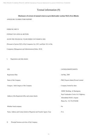 15
PMC PROJECTS (INDIA) PRIVATE LIMITED Standalone Financial Statements for period 01/04/2019 to 31/03/2020
Textual information (9)
Disclosure of extract of annual return as provided under section 92(3) [Text Block]
ANNEXURE TO DIRECTORS' REPORT
FORM NO. MGT-9
EXTRACT OF ANNUAL RETURN
AS ON THE FINANCIAL YEAR ENDED 31ST MARCH, 2020
[Pursuant to Section 92(3) of the Companies Act, 2013, and Rule 12(1) of the
Companies (Management and Administration) Rules, 2014]
I. Registration and other details:
CIN : U45202GJ2005PTC045974
Registration Date : 3rd May, 2005
Name of the Company : PMC Projects (India) Private Limited
Category / Sub-Category of the Company : Company limited by share
Address of the Registered office and contact details :
AMDC Building, At Shantigram,
Near Vaishnodevi Circle, S.G. Highway,
Ahmedabad-382421, Gujarat
Phone No. +91-79-25556500
Whether listed company : No
Name, Address and Contact details of Registrar and Transfer Agent, if any : N.A.
II. Principal business activities of the Company:
 