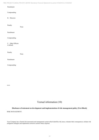 24
PMC PROJECTS (INDIA) PRIVATE LIMITED Standalone Financial Statements for period 01/04/2019 to 31/03/2020
Punishment
Compounding
B. Directors
Penalty
None
Punishment
Compounding
C. Other Officers
in default
Penalty
None
Punishment
Compounding
****
Textual information (10)
Disclosure of statement on development and implementation of risk management policy [Text Block]
RISK MANAGEMENT:
Your Company has a formal risk assessment and management system which identifies risk areas, evaluates their consequences, initiates risk
mitigation strategies and implements corrective actions where required.
 