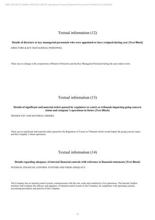 26
PMC PROJECTS (INDIA) PRIVATE LIMITED Standalone Financial Statements for period 01/04/2019 to 31/03/2020
Textual information (12)
Details of directors or key managerial personnels who were appointed or have resigned during year [Text Block]
DIRECTORS & KEY MANAGERIAL PERSONNEL:
There was no change in the composition of Board of Directors and the Key Managerial Personnel during the year under review.
Textual information (13)
Details of significant and material orders passed by regulators or courts or tribunals impacting going concern
status and company’s operations in future [Text Block]
SIGNIFICANT AND MATERIAL ORDERS:
There are no significant and material orders passed by the Regulators or Courts or Tribunals which would impact the going concern status
and the Company’s future operations
Textual information (14)
Details regarding adequacy of internal financial controls with reference to financial statements [Text Block]
INTERNAL FINANCIAL CONTROL SYSTEMS AND THEIR ADEQUACY:
The Company has an internal control system, commensurate with the size, scale and complexity of its operations. The Internal Auditor
monitors and evaluates the efficacy and adequacy of internal control system in the Company, its compliance with operating systems,
accounting procedures and policies of the Company.
 