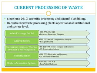 CURRENT PROCESSING OF WASTE
 Since June 2010; scientific processing and scientific landfilling.
 Decentralized waste processing plants operational at institutional
and society level.
• 300 TPD; Bio CNG
• Location: Baner and TalegaonNoble Exchange Evt Sol.
• 200 TPD; Vermi- compost and compost
• Hadapsar RampAjinkya Biofert
• 50-100 TPD; Vermi- compost and compost
• 13 decentralized plants
Mechanical compost, Thermal
compost & Microorganism
• 120 TPD; Electricity and Compost
• 25 Decentralized PlantsBiomethanation
• 300-350 TPD; RDF
• Ram Tekdi, HadapsarRochem Separation Systems
 