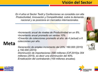 Visión del Sector

       En 4 años el Sector Textil y Confecciones se consolida con alta
       Productividad, Innovación y Competitividad, cubre la demanda
           nacional y se posiciona en mercados internacionales.




         •Incremento anual de niveles de Productividad en un 8%.
         •Incremento anual promedio en ventas 10%.
         •Creación de colecciones promedio al año: de 4 (actual) a 6
         colecciones por año.
Meta
         Generación de empleo incremento del 20%: 160.000 (2010)
         a 192.000 (2015)
         Disminución de importaciones (590 millones (CIF,2010)a 354
         millones (2015), es decir una disminución del 40%.
         Erradicación del contrabando (100 millones anuales).
 