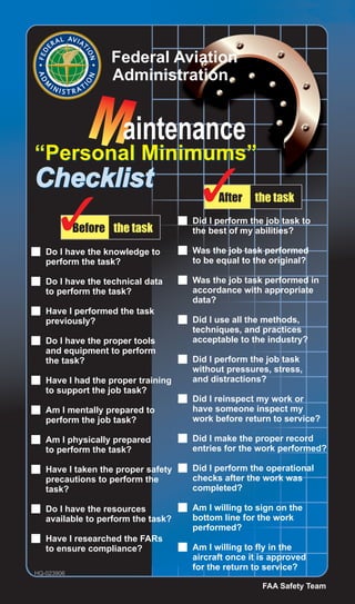 “Personal Minimums”
Checklist
 Do I have the knowledge to
perform the task?
 Do I have the technical data
to perform the task?
 Have I performed the task
previously?
 Do I have the proper tools
and equipment to perform
the task?
 Have I had the proper training
to support the job task?
 Am I mentally prepared to
perform the job task?
 Am I physically prepared
to perform the task?
 Have I taken the proper safety
precautions to perform the
task?
 Do I have the resources
available to perform the task?
 Have I researched the FARs
to ensure compliance?
 Did I perform the job task to
the best of my abilities?
 Was the job task performed
to be equal to the original?
 Was the job task performed in
accordance with appropriate
data?
 Did I use all the methods,
techniques, and practices
acceptable to the industry?
 Did I perform the job task
without pressures, stress,
and distractions?
 Did I reinspect my work or
have someone inspect my
work before return to service?
 Did I make the proper record
entries for the work performed?
 Did I perform the operational
checks after the work was
completed?
 Am I willing to sign on the
bottom line for the work
performed?
 Am I willing to fly in the
aircraft once it is approved
for the return to service?
aintenance
“Personal Minimums”
Checklist
FAA Safety Team
HQ-023906
 