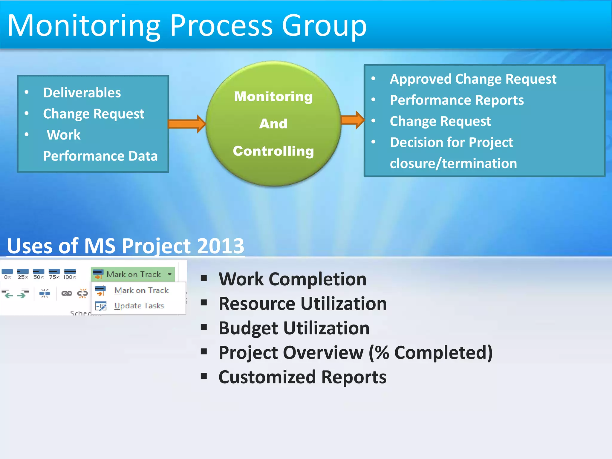 Monitoring Process Group
Monitoring
And
Controlling
• Deliverables
• Change Request
• Work
Performance Data
• Approved Change Request
• Performance Reports
• Change Request
• Decision for Project
closure/termination
Uses of MS Project 2013
 Work Completion
 Resource Utilization
 Budget Utilization
 Project Overview (% Completed)
 Customized Reports
 