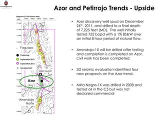 Azor and Petirrojo Trends - Upside
Carbonera C7 TWT Seismic Map


                                              •   Azor discovery well spud on December
                                                  24th, 2011, and drilled to a final depth
                                                  of 7,225 feet (MD). The well initially
                                                  tested 752 bopd with a 1% BS&W over
                                                  an initial 8 hour period of natural flow.

    Yaguazo
                                              •   Arrendajo-1X will be drilled after testing
     Producing                                    and completion is completed on Azor,
     Exploration 2012                             civil work has been completed.
     Exploration 2013

     Development
                           Mirla Negra
                                              •   3D seismic evaluation identified four
                                                  new prospects on the Azor trend.
             Azor
                                              •   Mirla Negra-1X was drilled in 2008 and
                                                  tested oil in the C5 but was not
                                                  declared commercial
   Arrendajo
       Norte
 