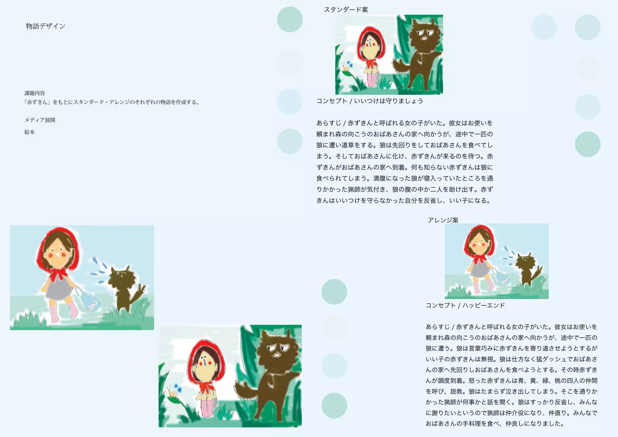 物語デザイン




課題内容
「赤ずきん」をもとにスタンダード・アレンジのそれぞれの物語を作成する。


メディア展開

絵本
 