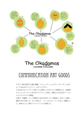 communication art goods
デザイン総合実習での個人課題、「コミュニケ－ションアートグッズ」におけ
る「たまねぎキャンディー」のキャラクター。
たまねぎでキャンディーを作ったら美味しいのか？という疑問のもと、家族間
でコミュニケーションを生むキャンディーの為に、家族とたまねぎをテーマに
したキャラクターを創造。
丘珠で「札幌黄」という品種のたまねぎを作っている農家の一族という設定。
農家の辛さや楽しさ、そして恋など、一人一人にストーリーを与え、展開とし
て、flash によって動くアニメーションも作成した。
 