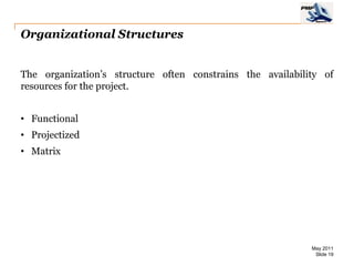 Organizational Structures


The organization’s structure often constrains the availability of
resources for the project.


• Functional
• Projectized
• Matrix




                                                            May 2011
                                                             Slide 19
 