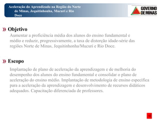 Aceleração do Aprendizado na Região do Norte de Minas, Jequitinhonha, Mucuri e Rio Doce Objetivo Escopo Aumentar a proficiência média dos alunos do ensino fundamental e médio e reduzir, progressivamente, a taxa de distorção idade-série das regiões Norte de Minas, Jequitinhonha/Mucuri e Rio Doce. Implantação de plano de aceleração da aprendizagem e de melhoria do desempenho dos alunos do ensino fundamental e consolidar o plano de aceleração do ensino médio. Implantação de metodologia de ensino específica para a aceleração da aprendizagem e desenvolvimento de recursos didáticos adequados. Capacitação diferenciada de professores.  