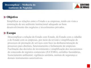 Descomplicar – Melhoria do Ambiente de Negócios Objetivo Escopo Simplificar as relações entre o Estado e as empresas, tendo em vista a construção de um ambiente institucional adequado ao bom desenvolvimento dos negócios e investimentos privados. Descomplicar a relação do Estado com Estado, do Estado com o cidadão e do Estado com as empresas, por meio da revisão e simplificação de processos de prestação de serviços com foco na desburocratização de processos para abertura, funcionamento e fechamento de empresas. Facilitação das decisões de investimento e simplificação dos mecanismos de concessão de registros comerciais (JUCEMG), certidões fazendárias, licenciamento ambiental, vigilância sanitária, normas de segurança e demais instrumentos autorizativos.  