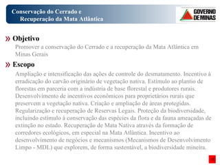 Conservação do Cerrado e Recuperação da Mata Atlântica Ampliação e intensificação das ações de controle do desmatamento. Incentivo à erradicação do carvão originário de vegetação nativa. Estímulo ao plantio de florestas em parceria com a indústria de base florestal e produtores rurais. Desenvolvimento de incentivos econômicos para proprietários rurais que preservem a vegetação nativa. Criação e ampliação de áreas protegidas. Regularização e recuperação de Reservas Legais. Proteção da biodiversidade, incluindo estímulo à conservação das espécies da flora e da fauna ameaçadas de extinção no estado. Recuperação de Mata Nativa através da formação de corredores ecológicos, em especial na Mata Atlântica. Incentivo ao desenvolvimento de negócios e mecanismos (Mecanismos de Desenvolvimento Limpo - MDL) que explorem, de forma sustentável, a biodiversidade mineira. Objetivo Escopo Promover a conservação do Cerrado e a recuperação da Mata Atlântica em Minas Gerais  