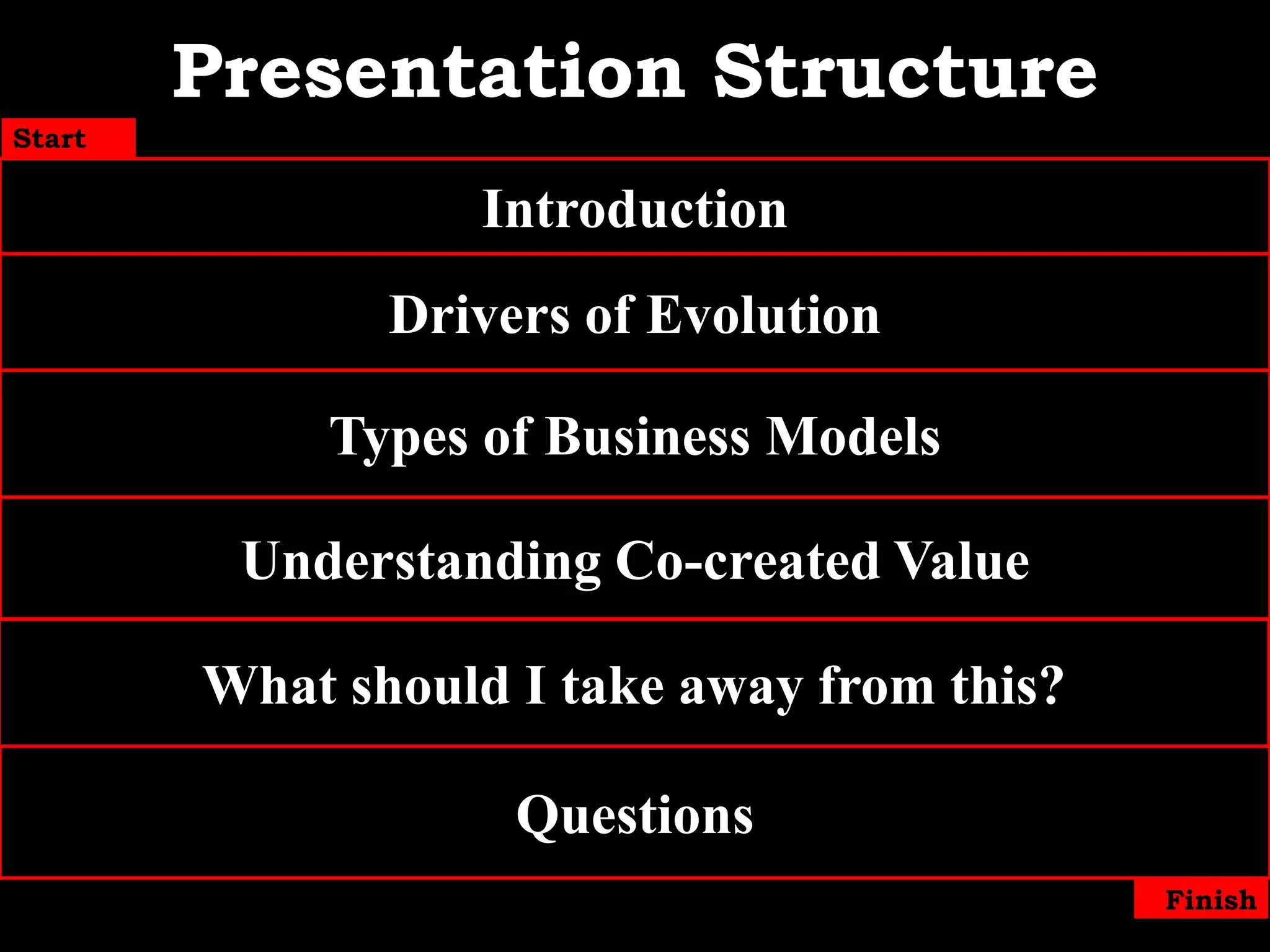 Presentation StructureStartIntroductionDrivers of EvolutionTypes of Business ModelsUnderstanding Co-created ValueWhat should I take away from this?QuestionsFinish