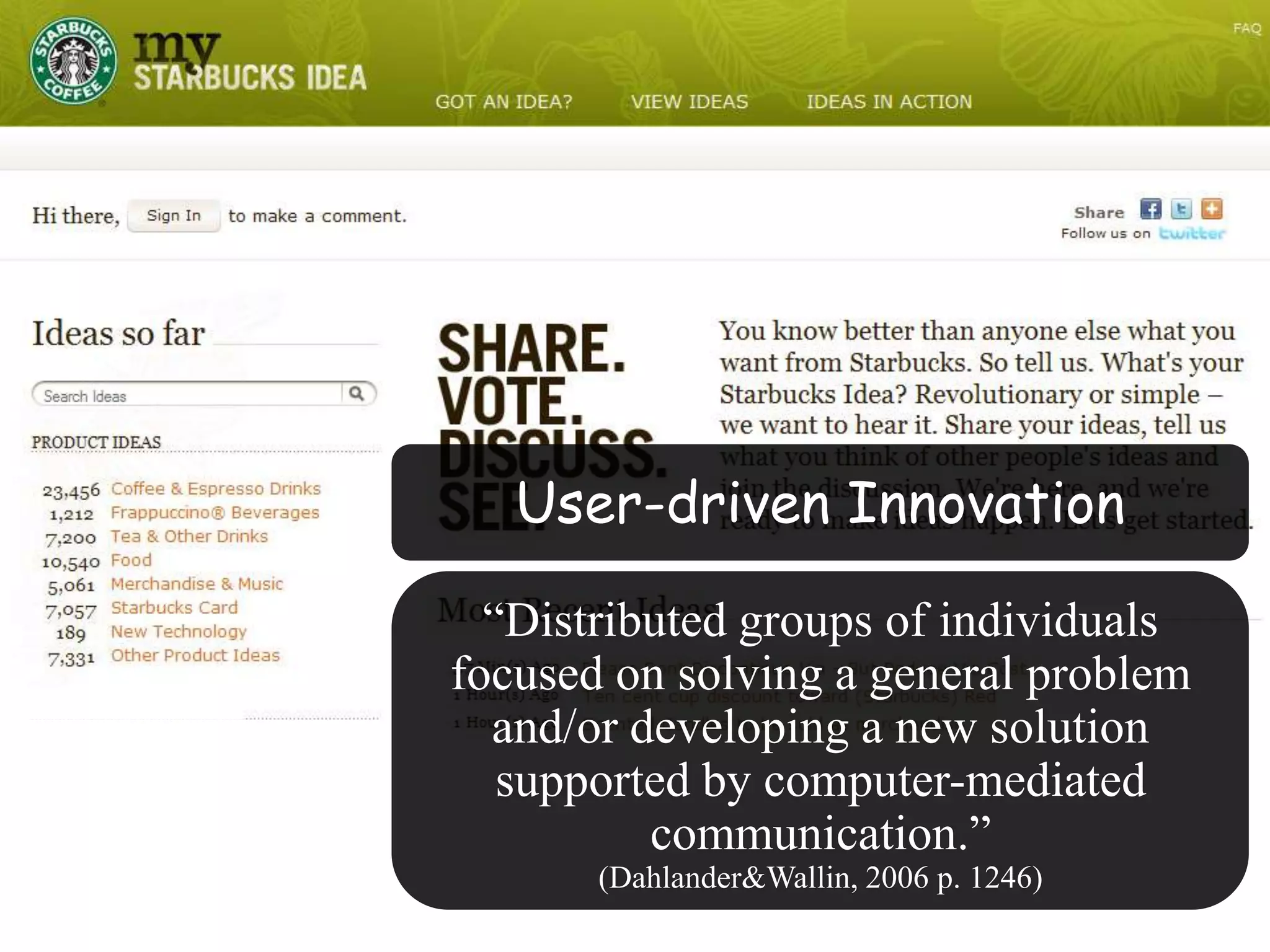 User-driven Innovation“Distributed groups of individuals focused on solving a general problem and/or developing a new solution supported by computer-mediated communication.” (Dahlander & Wallin, 2006 p. 1246)