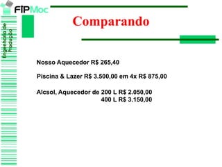 Engenhariade
Produção
Comparando
Nosso Aquecedor R$ 265,40
Piscina & Lazer R$ 3.500,00 em 4x R$ 875,00
Alcsol, Aquecedor de 200 L R$ 2.050,00
400 L R$ 3.150,00
 