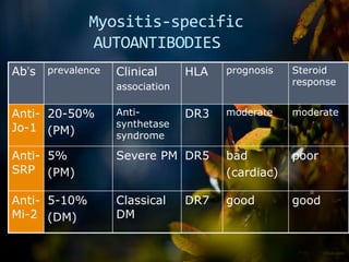 Steroid
response
prognosisHLAClinical
association
prevalenceAb’s
moderatemoderateDR3Anti-
synthetase
syndrome
20-50%
(PM)
Anti-
Jo-1
poorbad
(cardiac)
DR5Severe PM5%
(PM)
Anti-
SRP
goodgoodDR7Classical
DM
5-10%
(DM)
Anti-
Mi-2
Myositis-specific
AUTOANTIBODIES
 