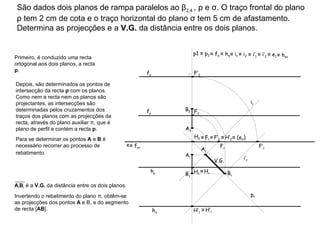 São dados dois planos de rampa paralelos ao β 2,4   , ρ e σ. O traço frontal do plano ρ tem 2 cm de cota e o traço horizontal do plano σ tem 5 cm de afastamento. Determina as projecções e a  V.G.  da distância entre os dois planos. f ρ h σ h ρ f σ Primeiro, é conduzido uma recta ortogonal aos dois planos, a recta  p . p1  ≡  p 2 Depois, são determinados os pontos de intersecção da recta  p  com os planos. Como nem a recta nem os planos são projectantes, as intersecções são determinadas pelos cruzamentos dos traços dos planos com as projecções da recta, através do plano auxiliar π, que é plano de perfil e contém a recta  p . Para se determinar os pontos  A  e  B  é necessário recorrer ao processo de rebatimento.   ≡   f π  ≡  h π ≡   F 1 ≡   i 1  ≡  i 2  ≡   F’ 1 ≡   i’ 1  ≡  i ’ 2  ≡   H’ 2 ≡   e 1 ≡   (e 2 ) ≡   h πr ≡   f πr ≡   H r i r  ≡   H’ r i’ r  p r  V.G. x H 1 H 2 F’ 2 F 2 H’ 1 F r F’ r A r B r A r B r  é a  V.G.  da distância entre os dois planos. Invertendo o rebatimento do plano π, obtêm-se as projecções dos pontos  A  e B, e do segmento de recta [ AB ]. A 1 A 2 B 1 B 2 