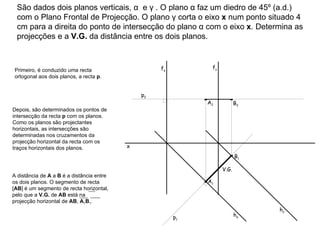 São dados dois planos verticais, α  e γ . O plano α faz um diedro de 45º (a.d.) com o Plano Frontal de Projecção. O plano γ corta o eixo  x  num ponto situado 4 cm para a direita do ponto de intersecção do plano α com o eixo  x . Determina as projecções e a  V.G.  da distância entre os dois planos. f α h α f γ h γ p 1  p 2  V.G. Primeiro, é conduzido uma recta ortogonal aos dois planos, a recta  p . Depois, são determinados os pontos de intersecção da recta  p  com os planos. Como os planos são projectantes horizontais, as intersecções são determinadas nos cruzamentos da projecção horizontal da recta com os traços horizontais dos planos. x A 1 A 2 B 1 B 2 A distância de  A  a  B  é a distância entre os dois planos. O segmento de recta [ AB ] é um segmento de recta horizontal, pelo que a  V.G.  de  AB  está na projecção horizontal de  AB ,  A 1 B 1 . 