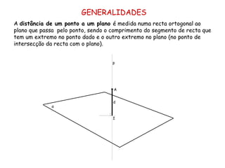 GENERALIDADES A  distância de um ponto a um plano  é medida numa recta ortogonal ao plano que passa  pelo ponto, sendo o comprimento do segmento de recta que tem um extremo no ponto dado e o outro extremo no plano (no ponto de intersecção da recta com o plano). A p d I α 