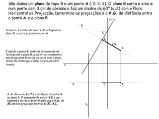 São dados um plano de topo θ e um ponto  A  (-2; 3; 2). O plano θ corta o eixo  x  num ponto com 3 cm de abcissa e faz um diedro de 60º (a.d.) com o Plano Horizontal de Projecção. Determina as projecções e a  V.G.  da distância entre o ponto  A  e o plano θ. f θ h θ p 2  p 1  Primeiro, é conduzido uma recta ortogonal ao plano θ, a recta  p , passando por  A . É obtido o ponto  I , ponto de intersecção da recta  p  com o plano θ, a partir do cruzamento das projecções frontais da recta com o plano, tendo em conta que o plano θ é projectante frontal.   V.G. x A 1 A 2 y   ≡  z A distância de  A  a  I  é a distância do ponto  A  ao plano θ. O segmento de recta [ AI ] é um segmento de recta frontal, pelo que a  V.G.  de  AI  está na projecção frontal de  AI ,  A 2 I 2 . I 1 I 2 