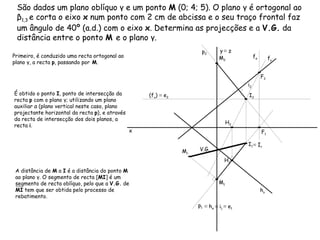São dados um plano oblíquo γ e um ponto  M  (0; 4; 5). O plano γ é ortogonal ao β 1,3   e corta o eixo  x  num ponto com 2 cm de abcissa e o seu traço frontal faz um ângulo de 40º (a.d.) com o eixo  x . Determina as projecções e a  V.G.  da distância entre o ponto  M  e o plano γ. f γ h γ Primeiro, é conduzido uma recta ortogonal ao plano γ, a recta  p , passando por  M . p 1  p 2  É obtido o ponto  I , ponto de intersecção da recta  p  com o plano γ; utilizando um plano auxiliar α (plano vertical neste caso, plano projectante horizontal da recta  p ), e através da recta de intersecção dos dois planos, a recta  i . ≡   h α f α i 2  ≡   i 1  (f υ )  ≡  e 2 ≡   e 1  ≡   I r  V.G. x y   ≡  z M 1 M 2 H 1 H 2 F 1 F 2 I 1 I 2 A distância de  M  a  I  é a distância do ponto  M  ao plano γ. O segmento de recta [ MI ] é um segmento de recta oblíquo, pelo que a  V.G.  de  MI  tem que ser obtida pelo processo de rebatimento. M r 