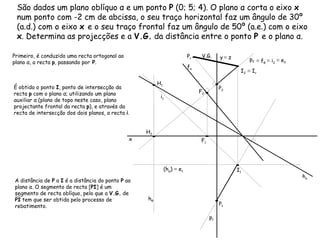 São dados um plano oblíquo α e um ponto  P  (0; 5; 4). O plano α corta o eixo  x  num ponto com -2 cm de abcissa, o seu traço horizontal faz um ângulo de 30º (a.d.) com o eixo  x  e o seu traço frontal faz um ângulo de 50º (a.e.) com o eixo  x . Determina as projecções e a  V.G.  da distância entre o ponto  P  e o plano α. f α h α Primeiro, é conduzido uma recta ortogonal ao plano α, a recta  p , passando por  P . p 1  É obtido o ponto  I , ponto de intersecção da recta  p  com o plano α; utilizando um plano auxiliar α (plano de topo neste caso, plano projectante frontal da recta  p ), e através da recta de intersecção dos dois planos, a recta  i . p 2  ≡   f θ h θ ≡   i 2  i 1  (h φ )  ≡  e 1 ≡   e 2  ≡   I r  V.G. x y   ≡  z P 1 P 2 H 1 H 2 F 1 F 2 I 1 I 2 A distância de  P  a  I  é a distância do ponto  P  ao plano α. O segmento de recta [ PI ] é um segmento de recta oblíquo, pelo que a  V.G.  de  PI  tem que ser obtida pelo processo de rebatimento. P r 
