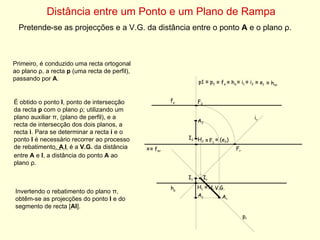 Distância entre um Ponto e um Plano de Rampa Pretende-se as projecções e a V.G. da distância entre o ponto  A  e o plano ρ. f ρ h ρ Primeiro, é conduzido uma recta ortogonal ao plano ρ, a recta  p  (uma recta de perfil), passando por  A . p1  ≡  p 2 ≡   f π  ≡  h π ≡   F 1 ≡   i 1  ≡  i 2  ≡   e 1 ≡   (e 2 ) ≡   h πr ≡   f πr ≡   H r i r  p r  Invertendo o rebatimento do plano π, obtêm-se as projecções do ponto  I  e do segmento de recta [ AI ]. V.G. x A 1 A 2 F 2 H 2 H 1 F r A r I r É obtido o ponto  I , ponto de intersecção da recta  p  com o plano ρ; utilizando um plano auxiliar π, (plano de perfil), e a recta de intersecção dos dois planos, a recta  i . Para se determinar a recta  i  e o ponto  I  é necessário recorrer ao processo de rebatimento.  A r I r  é a  V.G.  da distância entre  A  e  I , a distância do ponto  A  ao plano ρ. I 1 I 2 