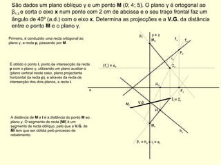 São dados um plano oblíquo γ e um ponto  M  (0; 4; 5). O plano γ é ortogonal ao β 1,3   e corta o eixo  x  num ponto com 2 cm de abcissa e o seu traço frontal faz um ângulo de 40º (a.d.) com o eixo  x . Determina as projecções e a  V.G.  da distância entre o ponto  M  e o plano γ. f γ h γ Primeiro, é conduzido uma recta ortogonal ao plano γ, a recta  p , passando por  M . p 1  p 2  É obtido o ponto  I , ponto de intersecção da recta  p  com o plano γ; utilizando um plano auxiliar α (plano vertical neste caso, plano projectante horizontal da recta  p ), e através da recta de intersecção dos dois planos, a recta  i . ≡   h α f α i 2  ≡   i 1  (f υ )  ≡  e 2 ≡   e 1  ≡   I r  V.G. x y   ≡  z M 1 M 2 H 1 H 2 F 1 F 2 I 1 I 2 A distância de  M  a  I  é a distância do ponto  M  ao plano γ. O segmento de recta [ MI ] é um segmento de recta oblíquo, pelo que a  V.G.  de  MI  tem que ser obtida pelo processo de rebatimento. M r 