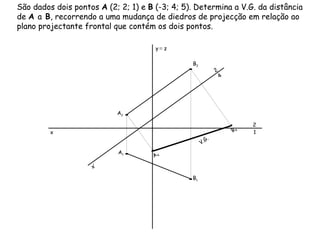 São dados dois pontos  A  (2; 2; 1) e  B  (-3; 4; 5). Determina a V.G. da distância de  A  a  B , recorrendo a uma mudança de diedros de projecção em relação ao plano projectante frontal que contém os dois pontos. x’ V.G. y   ≡  z A 1 A 2 B 1 B 2 x 2 1 2 4 A 4 B 4 