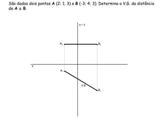 São dados dois pontos  A  (2; 1; 3) e  B  (-3; 4; 3). Determina a V.G. da distância de  A  a  B .  V.G. x y   ≡  z A 1 A 2 B 1 B 2 