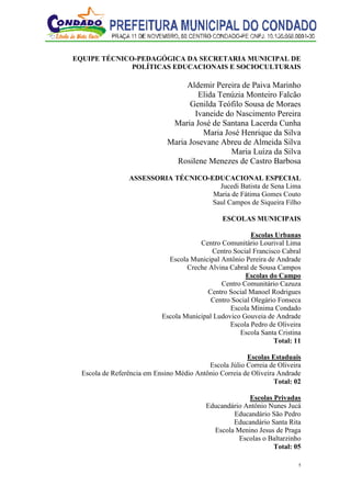 5
EQUIPE TÉCNICO-PEDAGÓGICA DA SECRETARIA MUNICIPAL DE
POLÍTICAS EDUCACIONAIS E SOCIOCULTURAIS
Aldemir Pereira de Paiva Marinho
Elida Tenúzia Monteiro Falcão
Genilda Teófilo Sousa de Moraes
Ivaneide do Nascimento Pereira
Maria José de Santana Lacerda Cunha
Maria José Henrique da Silva
Maria Josevane Abreu de Almeida Silva
Maria Luíza da Silva
Rosilene Menezes de Castro Barbosa
ASSESSORIA TÉCNICO-EDUCACIONAL ESPECIAL
Jucedi Batista de Sena Lima
Maria de Fátima Gomes Couto
Saul Campos de Siqueira Filho
ESCOLAS MUNICIPAIS
Escolas Urbanas
Centro Comunitário Lourival Lima
Centro Social Francisco Cabral
Escola Municipal Antônio Pereira de Andrade
Creche Alvina Cabral de Sousa Campos
Escolas do Campo
Centro Comunitário Cazuza
Centro Social Manoel Rodrigues
Centro Social Olegário Fonseca
Escola Mínima Condado
Escola Municipal Ludovico Gouveia de Andrade
Escola Pedro de Oliveira
Escola Santa Cristina
Total: 11
Escolas Estaduais
Escola Júlio Correia de Oliveira
Escola de Referência em Ensino Médio Antônio Correia de Oliveira Andrade
Total: 02
Escolas Privadas
Educandário Antônio Nunes Jucá
Educandário São Pedro
Educandário Santa Rita
Escola Menino Jesus de Praga
Escolas o Baltarzinho
Total: 05
 