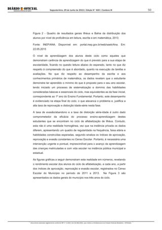 Segunda-feira, 29 de Junho de 2015 | Edição N° 600 | Cardeno III
Documento assinado digitalmente conforme MP nº 2.200-2 de 24/08/2001, que institui a Infraestrutura de Chaves Públicas Brasileira - ICP-Brasil.
50
Figura 2 - Quadro de resultados gerais Ilhéus e Bahia da distribuição dos
alunos por nível de proficiência em leitura, escrita e em matemática, 2013.
Fonte: INEP/ANA. Disponível em: portal.inep.gov.br/web/saeb/Ana. Em:
22.05.2015
O nível de aprendizagem dos alunos deste ciclo como aqueles que
demonstram carência de aprendizagem do que é previsto para a sua etapa de
escolaridade, ficando no quesito leitura abaixo do esperado, tanto no que diz
respeito à compreensão do que é abordado, quanto na execução de tarefas e
avaliações. No que diz respeito ao desempenho da escrita e aos
conhecimentos primários de matemática, os dados revelam que o estudante
demonstra ter aprendido o mínimo do que é proposto para o seu ano escolar,
tendo iniciado um processo de sistematização e domínio das habilidades
consideradas básicas e essenciais do ciclo, mas equivalentes as da fase inicial,
correspondente ao 1º ano do Ensino Fundamental. Portanto, este desempenho
é evidenciado na etapa final do ciclo, o que alavanca o problema e, justifica a
alta taxa de reprovação e distorção idade-série nesta fase.
A taxa de evasão/abandono e a taxa de distorção série-idade é outro dado
comprometedor da eficácia do processo ensino-aprendizagem destes
estudantes que se encontram no ciclo de alfabetização de Ilhéus. Contudo,
esta não é uma realidade homogênea, vez que na instância privada os dados
diferem, apresentando um quadro de regularidade na frequência, faixa etária e
habilidades construídas esperadas, segundo sinaliza os índices de aprovação,
reprovação e evasão constantes no Censo Escolar. Portanto, é necessária uma
intervenção urgente e pontual, imprescindível para o avanço da aprendizagem
das crianças matriculadas e com vida escolar na instância pública municipal e
estadual.
As figuras gráficas a seguir demonstram esta realidade em números, revelando
o rendimento escolar dos alunos do ciclo de alfabetização, a cada ano, a partir
dos índices de aprovação, reprovação e evasão escolar, registrados no Censo
Escolar do Município no período de 2011 a 2013. Na Figura 3 são
apresentados os dados gerais do município nos três anos do ciclo.
 