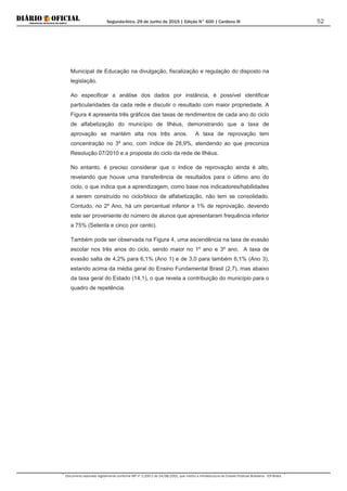 Segunda-feira, 29 de Junho de 2015 | Edição N° 600 | Cardeno III
Documento assinado digitalmente conforme MP nº 2.200-2 de 24/08/2001, que institui a Infraestrutura de Chaves Públicas Brasileira - ICP-Brasil.
52
Municipal de Educação na divulgação, fiscalização e regulação do disposto na
legislação.
Ao especificar a análise dos dados por instância, é possível identificar
particularidades da cada rede e discutir o resultado com maior propriedade. A
Figura 4 apresenta três gráficos das taxas de rendimentos de cada ano do ciclo
de alfabetização do município de Ilhéus, demonstrando que a taxa de
aprovação se mantém alta nos três anos. A taxa de reprovação tem
concentração no 3º ano, com índice de 28,9%, atendendo ao que preconiza
Resolução 07/2010 e a proposta do ciclo da rede de Ilhéus.
No entanto, é preciso considerar que o índice de reprovação ainda é alto,
revelando que houve uma transferência de resultados para o último ano do
ciclo, o que indica que a aprendizagem, como base nos indicadores/habilidades
a serem construído no ciclo/bloco de alfabetização, não tem se consolidado.
Contudo, no 2º Ano, há um percentual inferior a 1% de reprovação, devendo
este ser proveniente do número de alunos que apresentaram frequência inferior
a 75% (Setenta e cinco por cento).
Também pode ser observada na Figura 4, uma ascendência na taxa de evasão
escolar nos três anos do ciclo, sendo maior no 1º ano e 3º ano. A taxa de
evasão salta de 4,2% para 6,1% (Ano 1) e de 3,0 para também 6,1% (Ano 3),
estando acima da média geral do Ensino Fundamental Brasil (2,7), mas abaixo
da taxa geral do Estado (14,1), o que revela a contribuição do município para o
quadro de repetência.
 