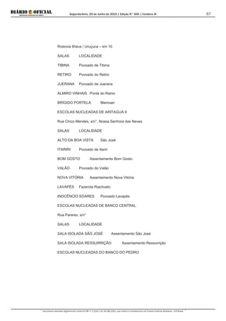 Segunda-feira, 29 de Junho de 2015 | Edição N° 600 | Cardeno III
Documento assinado digitalmente conforme MP nº 2.200-2 de 24/08/2001, que institui a Infraestrutura de Chaves Públicas Brasileira - ICP-Brasil.
67
Rodovia Ilhéus / Uruçuca – km 10
SALAS LOCALIDADE
TIBINA Povoado de Tibina
RETIRO Povoado do Retiro
JUERANA Povoado de Juerana
ALMIRO VINHAIS Ponta do Ramo
BRÍGIDO PORTELA Mamoan
ESCOLAS NUCLEADAS DE ARITAGUÁ II
Rua Chico Mendes, s/n°, Nossa Senhora das Neves
SALAS LOCALIDADE
ALTO DA BOA VISTA São José
ITARIRI Povoado de Itariri
BOM GOSTO Assentamento Bom Gosto
VALÃO Povoado do Valão
NOVA VITÓRIA Assentamento Nova Vitória
LAVAPÉS Fazenda Riachuelo
INOCÊNCIO SOARES Povoado Lavapés
ESCOLAS NUCLEADAS DE BANCO CENTRAL
Rua Paraíso, s/n°
SALAS LOCALIDADE
SALA ISOLADA SÃO JOSÉ Assentamento São José
SALA ISOLADA RESSURRIÇÃO Assentamento Ressurrição
ESCOLAS NUCLEADAS DO BANCO DO PEDRO
 