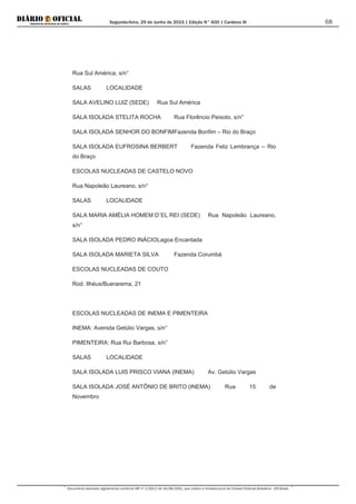Segunda-feira, 29 de Junho de 2015 | Edição N° 600 | Cardeno III
Documento assinado digitalmente conforme MP nº 2.200-2 de 24/08/2001, que institui a Infraestrutura de Chaves Públicas Brasileira - ICP-Brasil.
68
Rua Sul América, s/n°
SALAS LOCALIDADE
SALA AVELINO LUIZ (SEDE) Rua Sul América
SALA ISOLADA STELITA ROCHA Rua Florêncio Peixoto, s/n°
SALA ISOLADA SENHOR DO BONFIMFazenda Bonfim – Rio do Braço
SALA ISOLADA EUFROSINA BERBERT Fazenda Feliz Lembrança – Rio
do Braço
ESCOLAS NUCLEADAS DE CASTELO NOVO
Rua Napoleão Laureano, s/n°
SALAS LOCALIDADE
SALA MARIA AMÉLIA HOMEM D´EL REI (SEDE) Rua Napoleão Laureano,
s/n°
SALA ISOLADA PEDRO INÁCIOLagoa Encantada
SALA ISOLADA MARIETA SILVA Fazenda Corumbá
ESCOLAS NUCLEADAS DE COUTO
Rod. Ilhéus/Buerarema, 21
ESCOLAS NUCLEADAS DE INEMA E PIMENTEIRA
INEMA: Avenida Getúlio Vargas, s/n°
PIMENTEIRA: Rua Rui Barbosa, s/n°
SALAS LOCALIDADE
SALA ISOLADA LUIS PRISCO VIANA (INEMA) Av. Getúlio Vargas
SALA ISOLADA JOSÉ ANTÔNIO DE BRITO (INEMA) Rua 15 de
Novembro
 