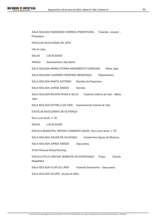 Segunda-feira, 29 de Junho de 2015 | Edição N° 600 | Cardeno III
Documento assinado digitalmente conforme MP nº 2.200-2 de 24/08/2001, que institui a Infraestrutura de Chaves Públicas Brasileira - ICP-Brasil.
69
SALA ISOLADA RAIMUNDO CORREIA (PIMENTEIRA) Fazenda Jussara -
Pimenteira
ESCOLAS NUCLEADAS DE JAPU
Vila do Japu
SALAS LOCALIDADE
ANEXO Assentamento São Bento
SALA ISOLADA MARIA VITÓRIA NASCIMENTO CARDOSO Maria Jape
SALA ISOLADA LAURINDO REZENDE MENDONÇA Repartimento
SALA ISOLADA SANTO ANTÔNIO Riachão da Piaçaveira
SALA ISOLADA JORGE AMADO Serrado
SALA ISOLADA WILSON ROSA E SILVA Fazenda Colônia de Ode – Maria
Jape
SALA ISOLADA ESTRELA DA VIDA Assentamento Estrela da Vida
ESCOLAS NUCLEADAS DE OLIVENÇA
Rua Lúcio Soub, n° 20
SALAS LOCALIDADE
ESCOLA MUNICIPAL SÉRGIO CARNEIRO (SEDE) Rua Lúcio Soub, n° 20
SALA ISOLADA ÁGUAS DE OLIVENÇA Condomínio Águas de Olivença
SALA ISOLADA JORGE AMADO Sapucaeira
STAC Rodovia Ilhéus/Olivença
ESCOLA POLO CRECHE SEMENTE DA ESPERANÇA Praça Cláudio
Magalhães
SALA ISOLADA FLOR DO LÍRIO Fazenda Santaninha – Sapucaeira
SALA ISOLADA ACUÍPE Acuípe do Meio
 