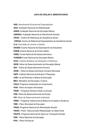 7
LISTA DE SIGLAS E ABREVIATURAS
AEE- Atendimento Educacional Especializado
ANA- Avaliação Nacional da Alfabetização
ANEB- Avaliação Nacional da Educação Básica
ANRESC- Avaliação Nacional do Rendimento Escolar
CRAS – Centro de Referencia de Assistência Social
CREAS- Centro de Referencial Especializado de Assistência Social
EJA- Educação de Jovens e Adultos
ENADE- Exame Nacional de Desempenho de Estudante
ENEM- Exame Nacional do Ensino Médio
FNDE- Fundo Nacional De Desenvolvimento
FUNDEB-Fundo Nacional de Educação Básica
IBGE- Instituto Brasileiro de Geografia e Estatística
IDEB- Índice de Desenvolvimento da Educação Básica
IDH – Índice de Desenvolvimento Humano
IDHM – Índice de Desenvolvimento Humano Municipal
INEP- Instituto Nacional de Estudos e Pesquisas
LDB- Lei de Diretrizes e Bases da Educação
MEC- Ministério da Educação e Cultura
PAC2- Programa Aceleração do Crescimento
PAR- Plano de Ações Articuladas
PDDE – Programa Dinheiro Direto na Escola
PDE- Plano de Desenvolvimento da Escola
PDI- Plano de Desenvolvimento Individual
PIBID – Programa Institucional de Bolsa de Iniciação a Docência
PME - Plano Municipal de Educação
PNAE- Programa Nacional de Alimentação Escolar
PNAIC - Pacto Nacional pela Alfabetização na Idade Certa
PNATE- Programa Nacional de Apoio ao Transporte Escolar
PNE - Plano Nacional de Educação
PPA – Plano Plurianual
 
