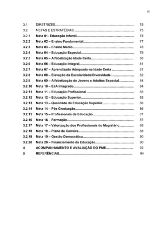 10
3.1 DIRETRIZES,....................................................................................... 75
3.2 METAS E ESTRATÉGIAS .................................................................. 75
3.2.1 Meta 01- Educação Infantil................................................................ 75
3.2.2 Meta 02 – Ensino Fundamental........................................................ 77
3.2.3 Meta 03 – Ensino Medio.................................................................... 78
3.2.4 Meta 04 – Educação Especial........................................................... 79
3.2.5 Meta 05 – Alfabetização Idade Certa............................................... 80
3.2.6 Meta 06 – Educação Integral............................................................ 81
3.2.7 Meta 07 – Aprendizado Adequado na Idade Certa ........................ 81
3.2.8 Meta 08 – Elevação da Escolaridade/Diversidade.......................... 82
3.2.9 Meta 09 – Alfabetização de Jovens e Adultos Especial................. 84
3.2.10 Meta 10 – EJA Integrado................................................................... 84
3.2.11 Meta 11 – Educação Profissional .................................................... 85
3.2.12 Meta 12 – Educação Superior........................................................... 85
3.2.13 Meta 13 – Qualidade da Educação Superior................................... 86
3.2.14 Meta 14 – Pós Graduação................................................................. 86
3.2.15 Meta 15 – Profissionais de Educação.............................................. 87
3.2.16 Meta 16 – Formação.......................................................................... 87
3.2.17 Meta 17 – Valorização dos Profissionais do Magistério................ 88
3.2.18 Meta 18 – Plano de Carreira.............................................................. 88
3.2.19 Meta 19 – Gestão Democrática......................................................... 90
3.2.20 Meta 20 – Financiamento da Educação........................................... 90
4 ACOMPANHAMENTO E AVALIAÇÃO DO PME.............................. 92
5 REFERÊNCIAS................................................................................. 94
 