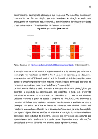 50
demonstraram o aprendizado adequado o que representa 7% desse total e aponta um
crescimento de 2% em relação aos anos anteriores. A situação é ainda mais
preocupante em matemática dos 283 alunos, 3 demonstraram o aprendizado adequado
o que corresponde a 1% e decréscimo de 2 pontos percentuais.
Figura 09: quadro de proficiência
Fonte: Disponível em: http://www.qedu.org.br/cidade/3039-paratinga/aprendizado, 04 de maio de 2015.
A situação descrita acima, sinaliza a urgente necessidade de medidas que viabilizem a
intervenção nos resultados do IDEB, a fim de garantir as aprendizagens adequadas.
Vale ressaltar que o IDEB é calculado a partir da Prova Brasil e do fluxo escolar, nesse
sentido é também imprescindível um trabalho direcionado para diminuição das taxas de
repetência e evasão em todos os anos do Ensino Fundamental.
A partir desses dados e tendo em vista a promoção de práticas pedagógicas que
garantam a qualidade da aprendizagem dos discentes, a SME tem promovido
encontros de formação continuada com os professores do 1º ciclo de alfabetização,
(trabalho realizado a partir da adesão a proposta do PNAIC/PACTO), encontros e
reuniões periódicas com gestores escolares, coordenadores e professores com a
utilização dos dados do IDEB no intuito de promover uma reflexão acerca dos
resultados alcançados e utilização de práticas pedagógicas para garantia da qualidade
das aprendizagens. Nessas reuniões foi orientada a execução do conselho de classe
por unidade com o objetivo de detectar no início do ano letivo quais são os alunos que
apresentavam baixo rendimento e a partir desse diagnóstico propor intervenções
pedagógicas e buscar parcerias com a família desde a primeira unidade.
 