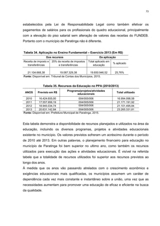 73
estabelecidos pela Lei de Responsabilidade Legal como também efetivar os
pagamentos de salários para os profissionais do quadro educacional, principalmente
com a elevação do piso salarial sem alteração de valores das receitas do FUNDEB.
Portanto com o município de Paratinga não é diferente.
Tabela 34. Aplicação no Ensino Fundamental – Exercício 2013 (Em R$)
Dos recursos Da aplicação
Receita de imposto e
transferências
25% da receita de impostos
e transferências
Total aplicado em
educação
% aplicado
21.104.668,38 19.087.329,38 19.650.946,52 25,76%
Fonte: Disponível em: Tribunal de Contas dos Municípios, 2015.
Tabela 35. Recursos da Educação no PPA (2010/2013)
ANOS Previsto em R$
Programa/projetos/atividades
educacionais
Total utilizado
2010 16.424.655,00 004/005/006 16.994.098,58
2011 17.557.956,19 004/005/006 21.171.191,92
2012 18.945.034,74 004/005/006 21.101.495,84
2013 20.631.142,84 004/005/006 23.265.331,81
Fonte: Disponível em: Prefeitura Municipal de Paratinga, 2015.
Esta tabela demonstra a disponibilidade de recursos planejados e utilizados na área da
educação, incluindo os diversos programas, projetos e atividades educacionais
existente no município. Os valores previstos sofreram um acréscimo durante o período
de 2010 até 2013. Em outras palavras, o planejamento financeiro para educação no
município de Paratinga foi bem superior no ultimo ano, como também os recursos
utilizados para execução das ações e atividades educacionais. É visível na referida
tabela que a totalidade de recursos utilizados foi superior aos recursos previstos ao
longo dos anos.
À medida que os anos vão passando atrelados com o crescimento econômico e
exigências educacionais mais qualificadas, os municípios assumem um caráter de
dependência cada vez mais constante e instantâneo sobre a união, uma vez que as
necessidades aumentam para promover uma educação de eficaz e eficiente na busca
da qualidade.
 